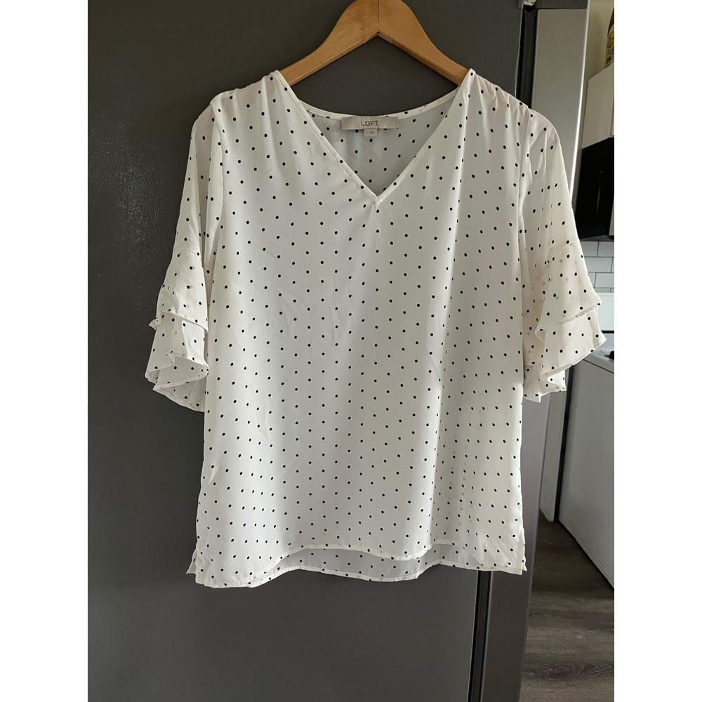 LOFT Womens White Black Polka Dot V-Neck Ruffle Tiered Sleeve Blouse Size S